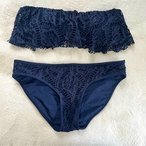 Aerie Navy Lace Bandeau Bikini Set, Size Medium
